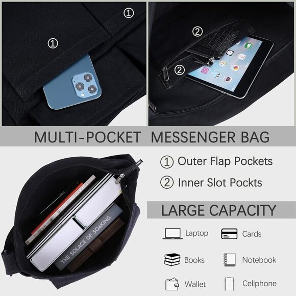 Canvas Messenger Bag Large Hobo Crossbody Bag with Multiple Pockets Canvas Shoul - Picture 4 of 6